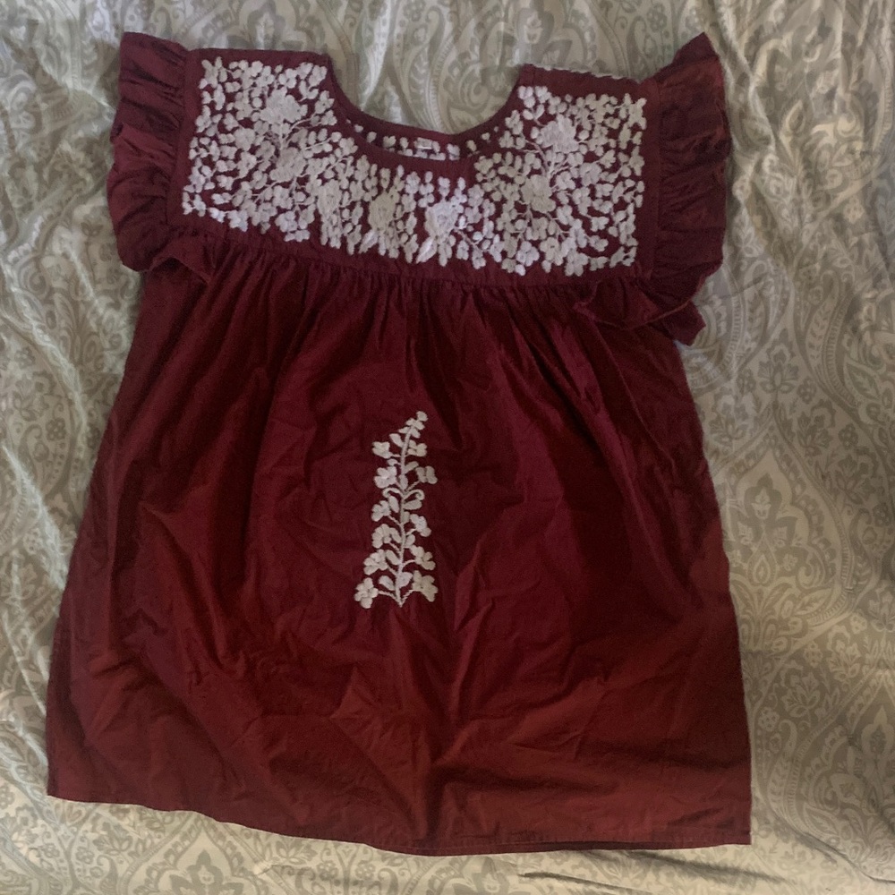 Chic Burgundy Blouse with White Embroidery